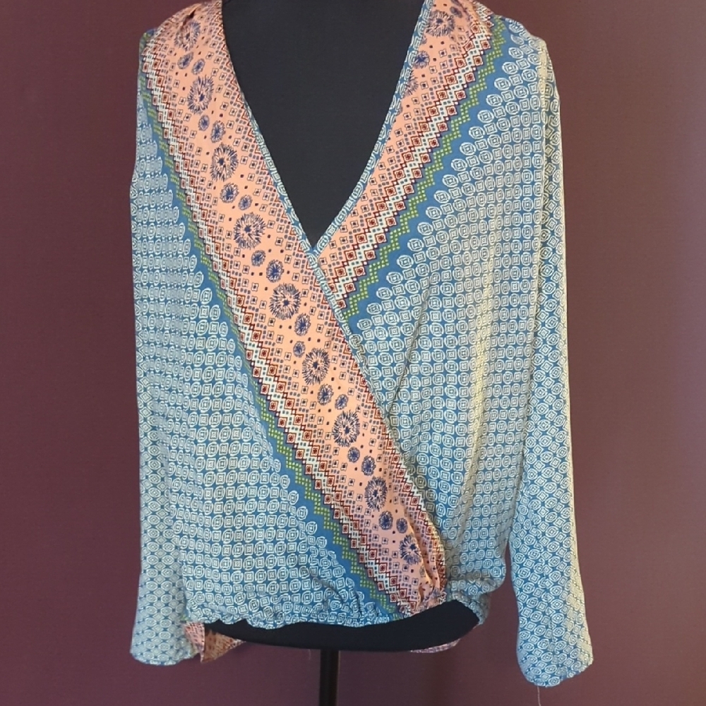 Renee C. Blue Peach Patterned Surplice Blouse